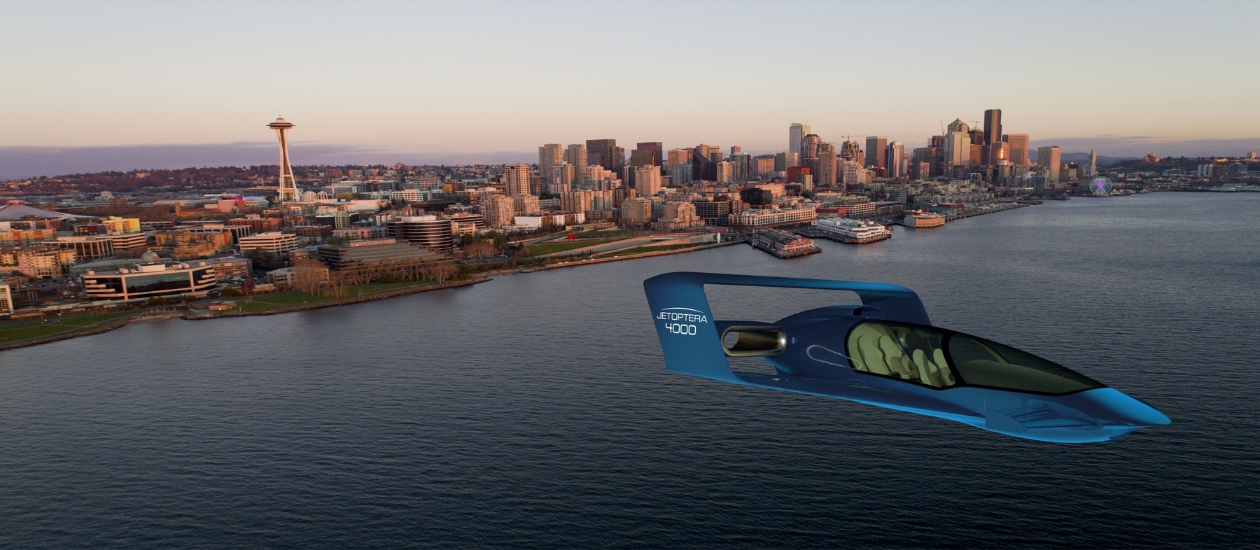 J-4000 four-seat passenger aircraft concept over Seattle